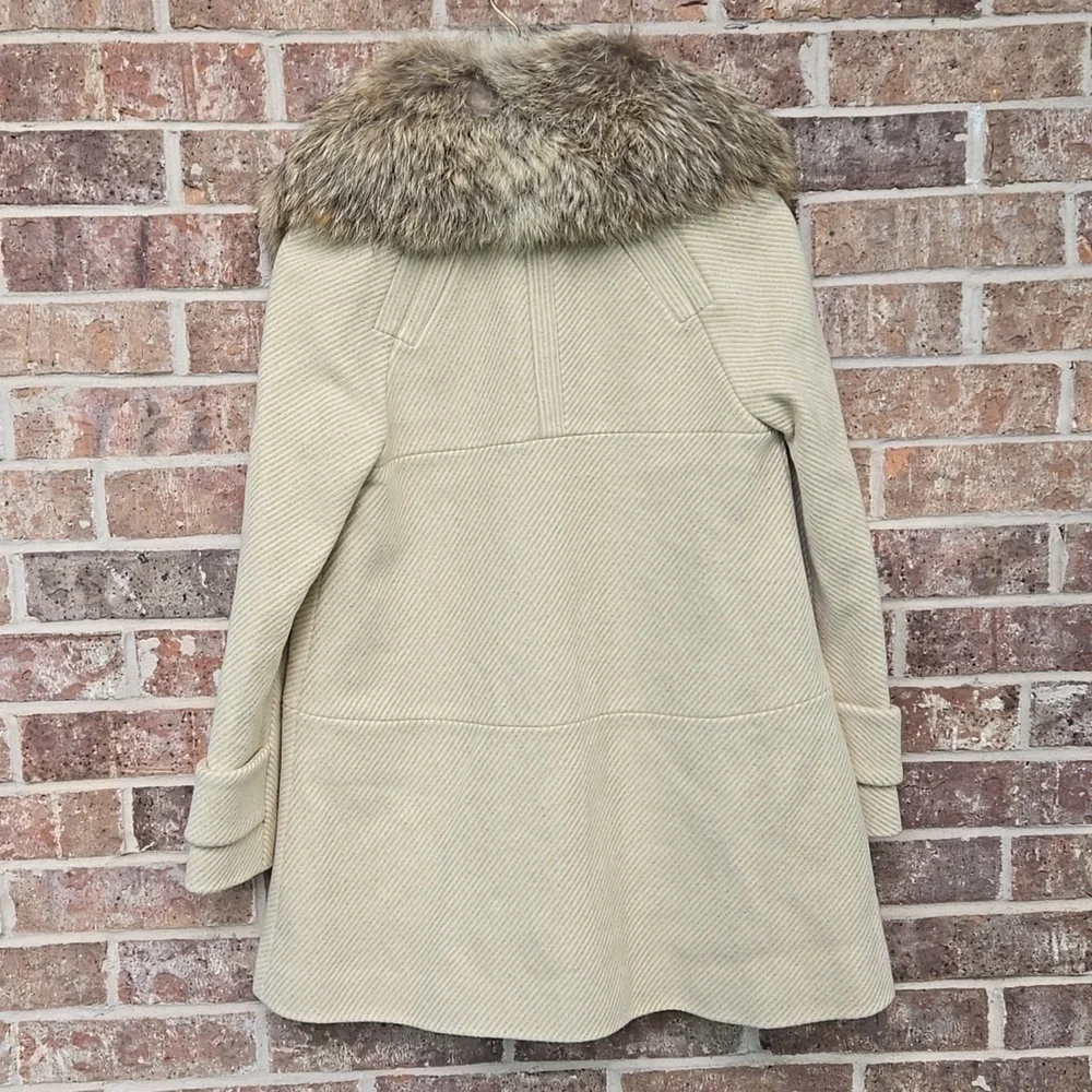 Tory Burch Cream Lurex Insert Fur Collar Detail Ivan Long Coat Size S NWT